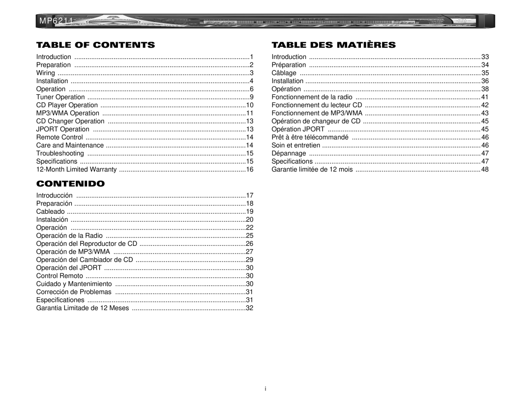 Jensen MP6211 instruction manual Table of Contents, Contenido, Table DES Matières 