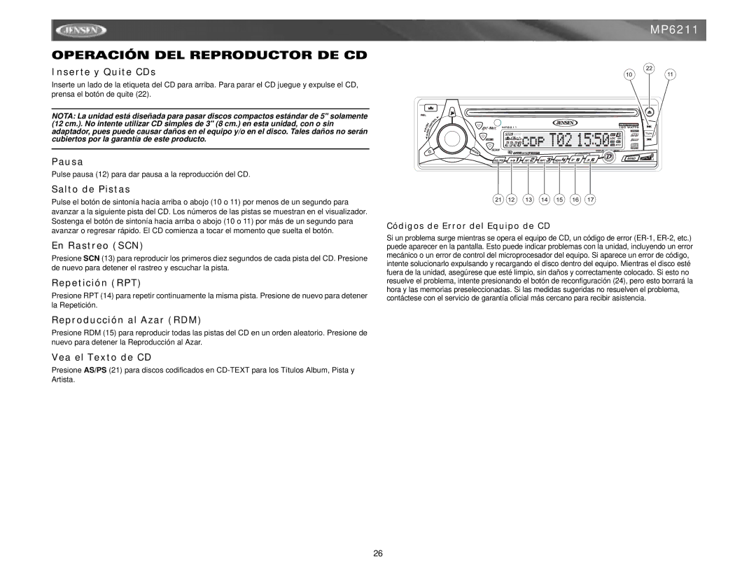 Jensen MP6211 instruction manual Operación DEL Reproductor DE CD 