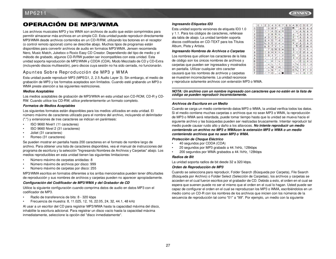 Jensen MP6211 instruction manual Operación DE MP3/WMA, Apuntes Sobre Reproducción de MP3 y WMA 