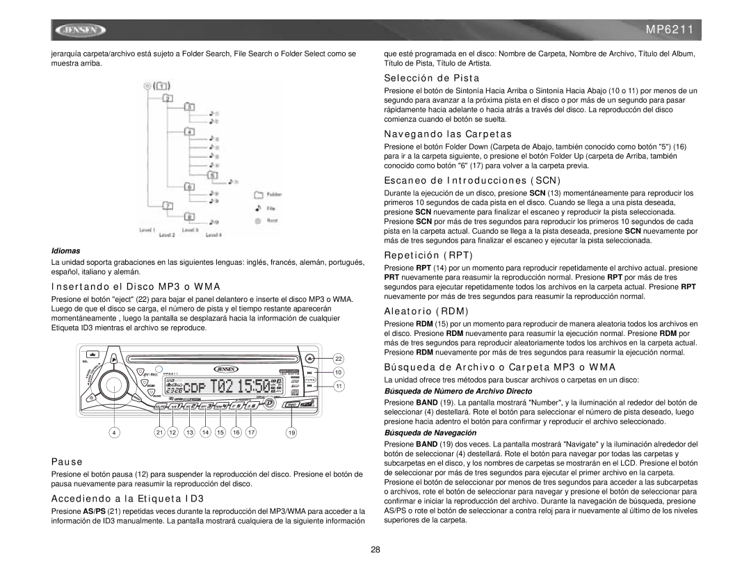 Jensen MP6211 Insertando el Disco MP3 o WMA, Accediendo a la Etiqueta ID3, Selección de Pista, Navegando las Carpetas 