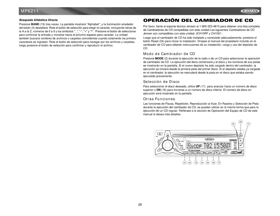 Jensen MP6211 Operación DEL Cambiador DE CD, Modo de Cambiador de CD, Selección de Disco, Otras Funciones 