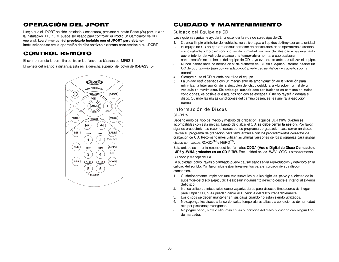 Jensen MP6211 instruction manual Operación DEL Jport, Control Remoto, Cuidado Y Mantenimiento, Información de Discos 