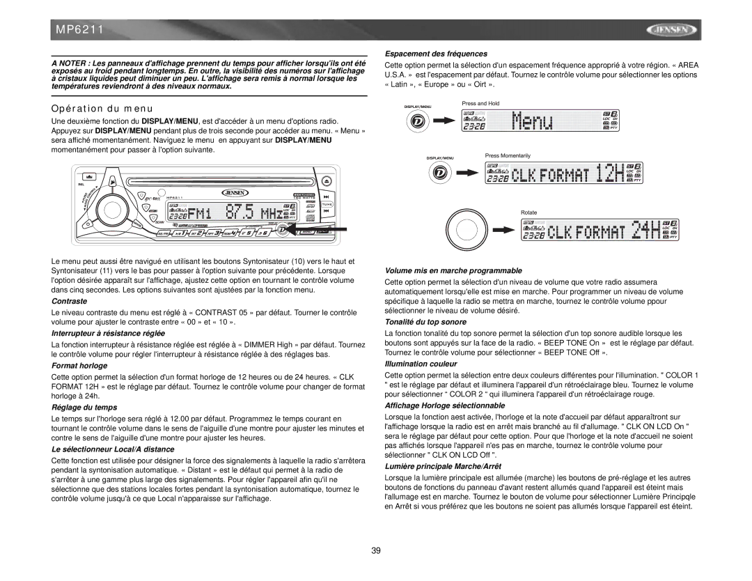 Jensen MP6211 instruction manual Opération du menu 