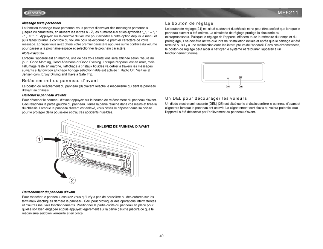 Jensen MP6211 instruction manual Relâchement du panneau davant, Le bouton de réglage, Un DEL pour décourager les voleurs 