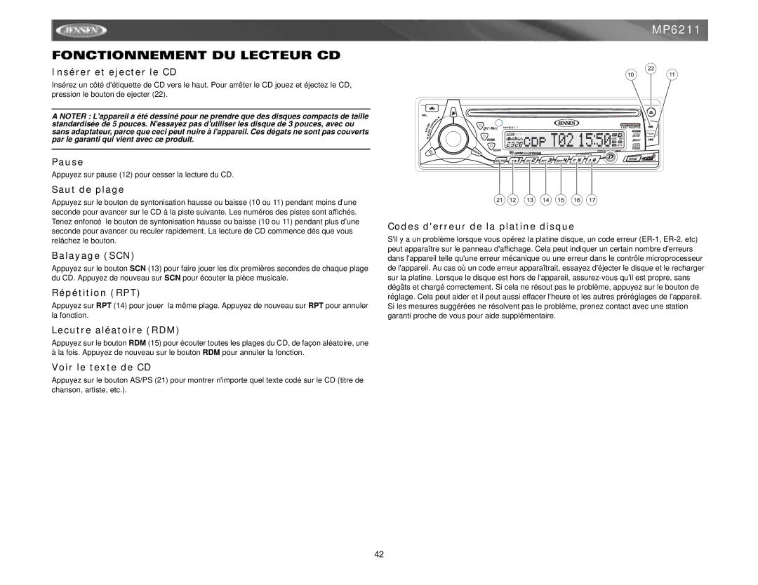 Jensen MP6211 instruction manual Fonctionnement DU Lecteur CD 