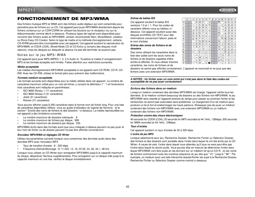 Jensen MP6211 instruction manual Fonctionnement DE MP3/WMA 