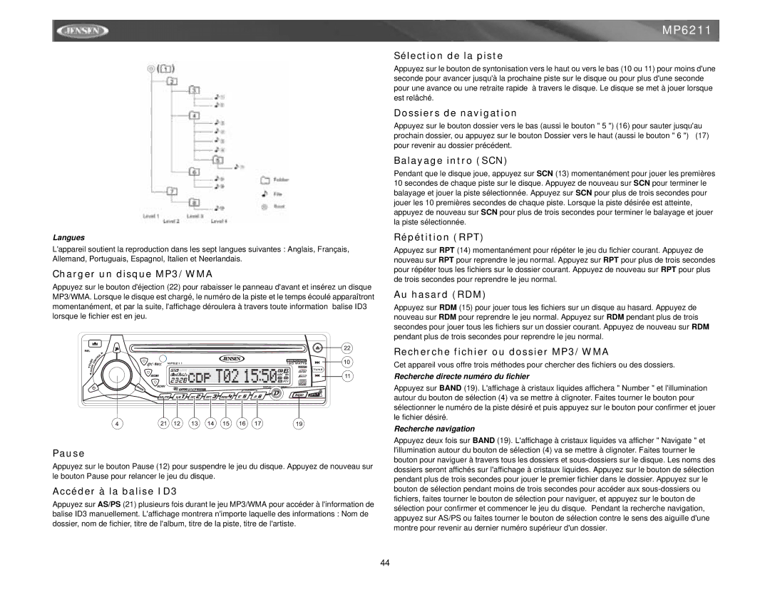 Jensen MP6211 Charger un disque MP3/WMA, Accéder à la balise ID3, Sélection de la piste, Dossiers de navigation 