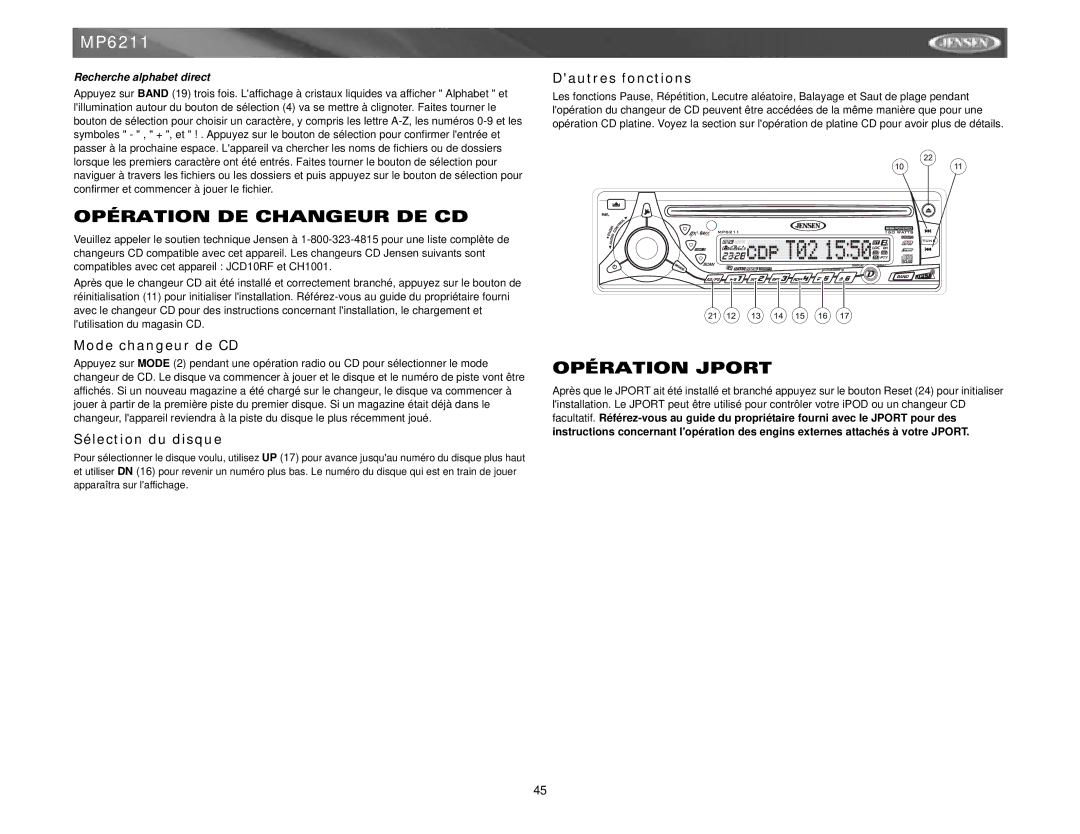 Jensen MP6211 Opération DE Changeur DE CD, Opération Jport, Mode changeur de CD, Sélection du disque, Dautres fonctions 