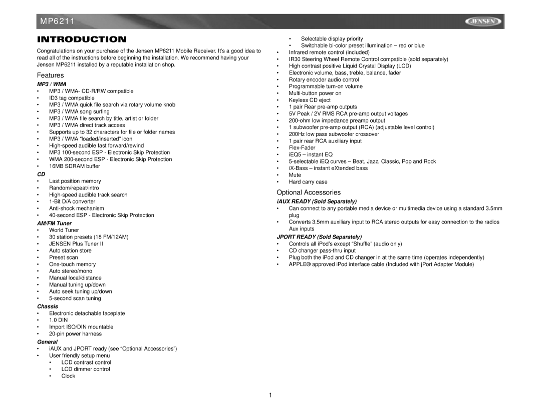 Jensen MP6211 instruction manual Introduction, Features, Optional Accessories 