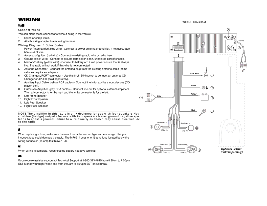 Jensen MP6211 Wiring with a Wiring Adapter Purchased Separately, Fuses, Reconnect Battery, Technical Assistance 