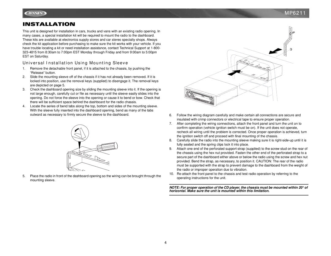 Jensen MP6211 instruction manual Universal Installation Using Mounting Sleeve 