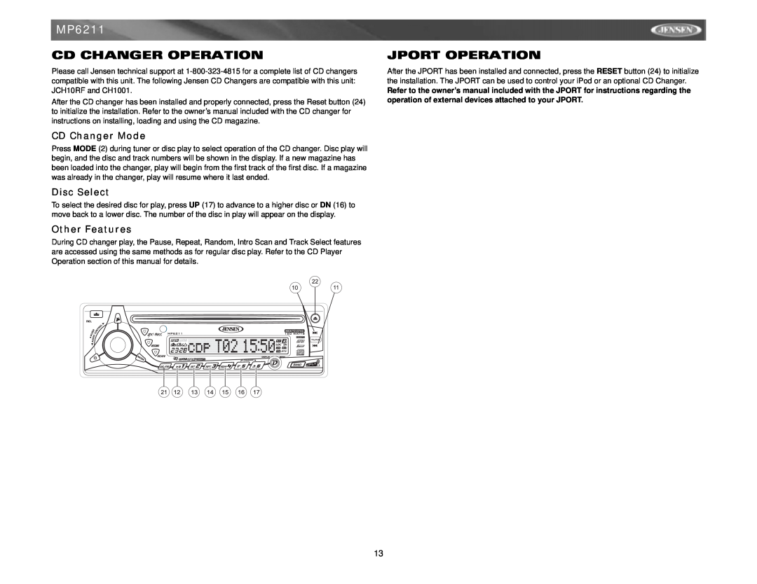 Jensen MP6211 instruction manual Cd Changer Operation, Jport Operation, CD Changer Mode, Disc Select, Other Features 