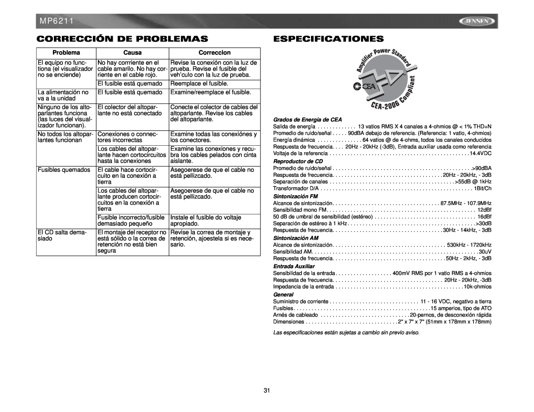 Jensen MP6211 instruction manual Corrección De Problemas, Especificationes, Causa, Correccion 