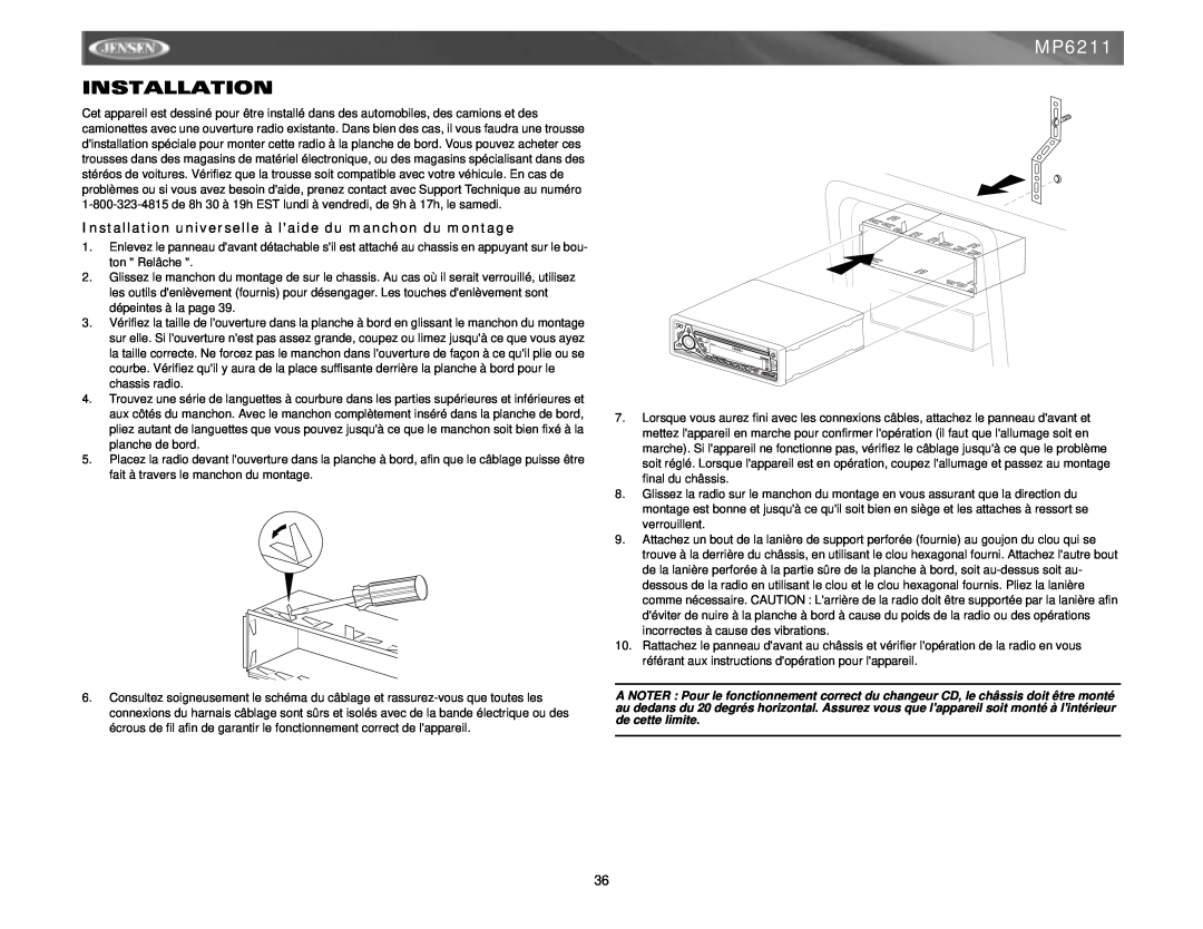 Jensen MP6211 instruction manual Installation universelle à laide du manchon du montage 