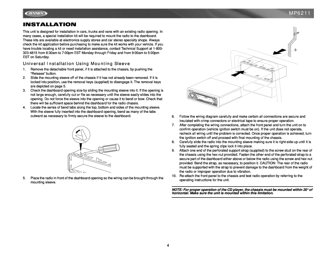Jensen MP6211 instruction manual Universal Installation Using Mounting Sleeve 