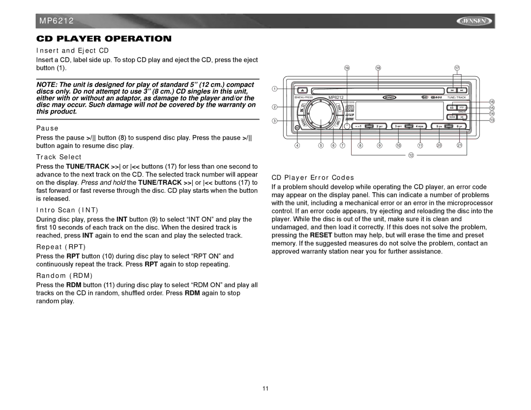 Jensen MP6212 instruction manual CD Player Operation 