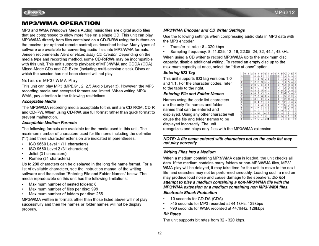 Jensen MP6212 instruction manual MP3/WMA Operation 