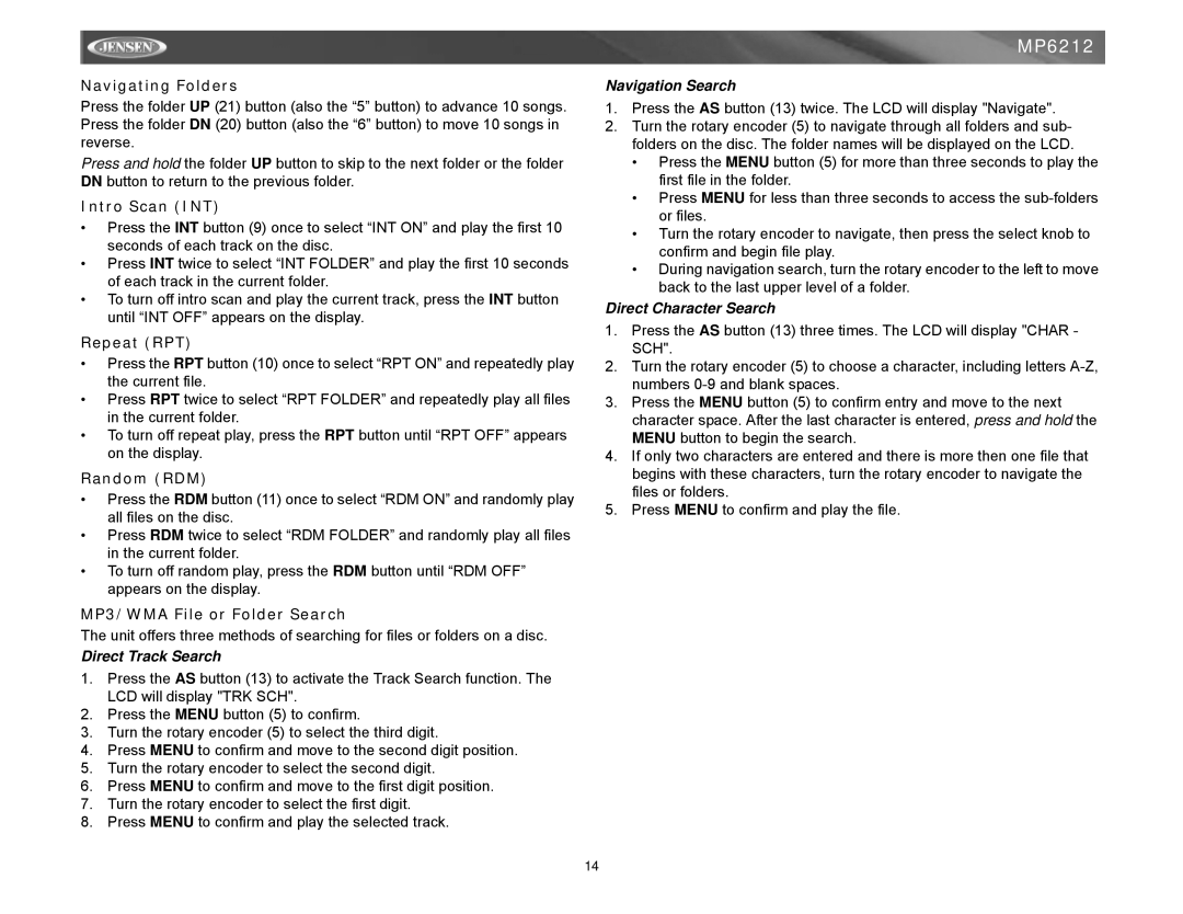 Jensen MP6212 instruction manual Navigating Folders, MP3/WMA File or Folder Search, Direct Track Search, Navigation Search 