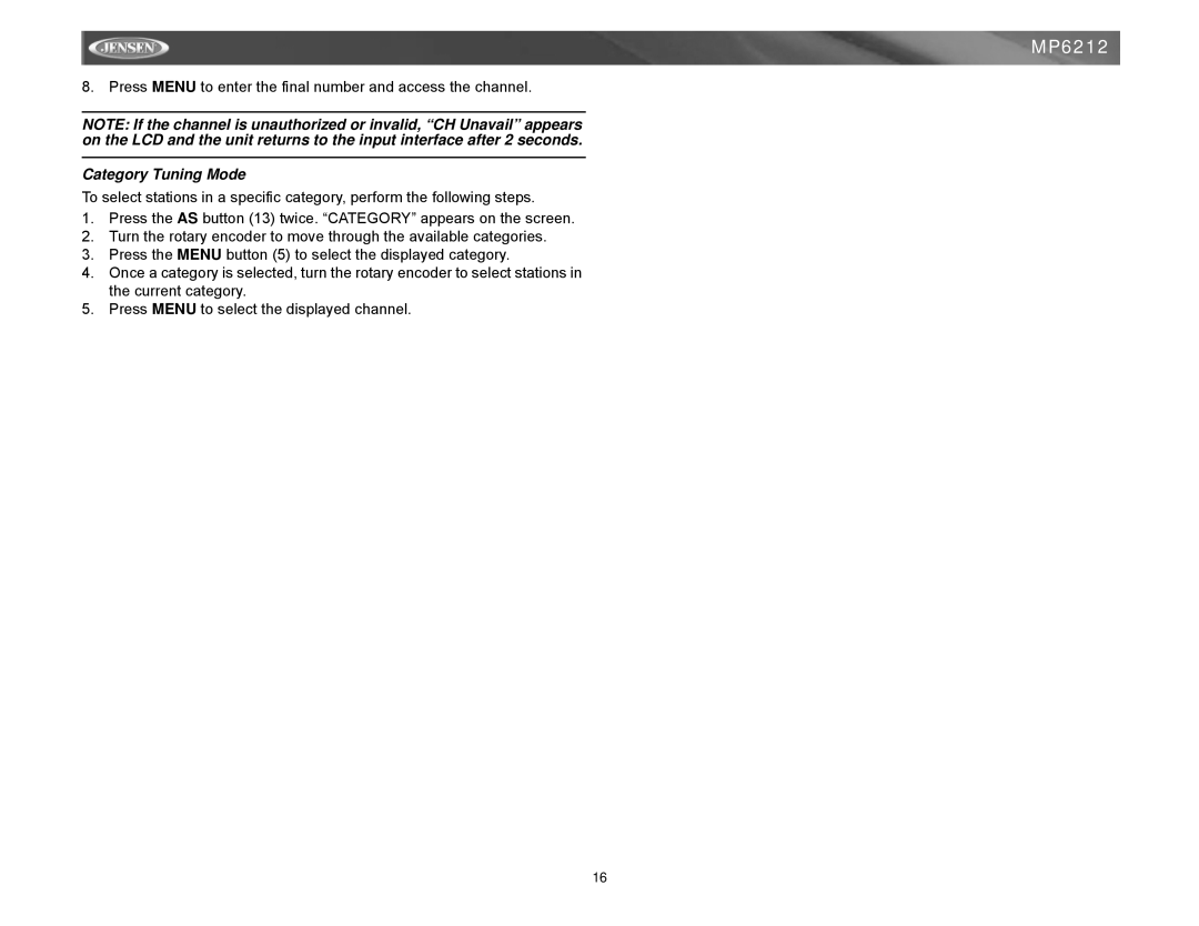 Jensen MP6212 instruction manual Category Tuning Mode 