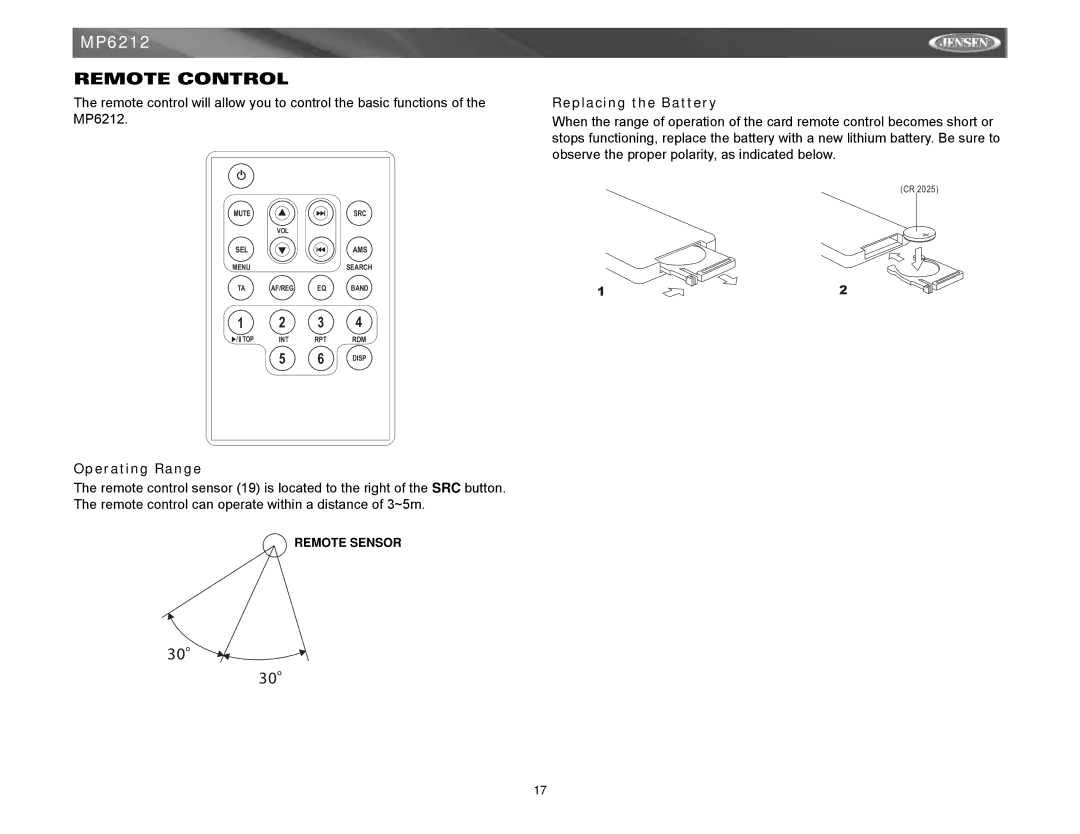 Jensen MP6212 instruction manual Remote Control, Replacing the Battery, Operating Range 