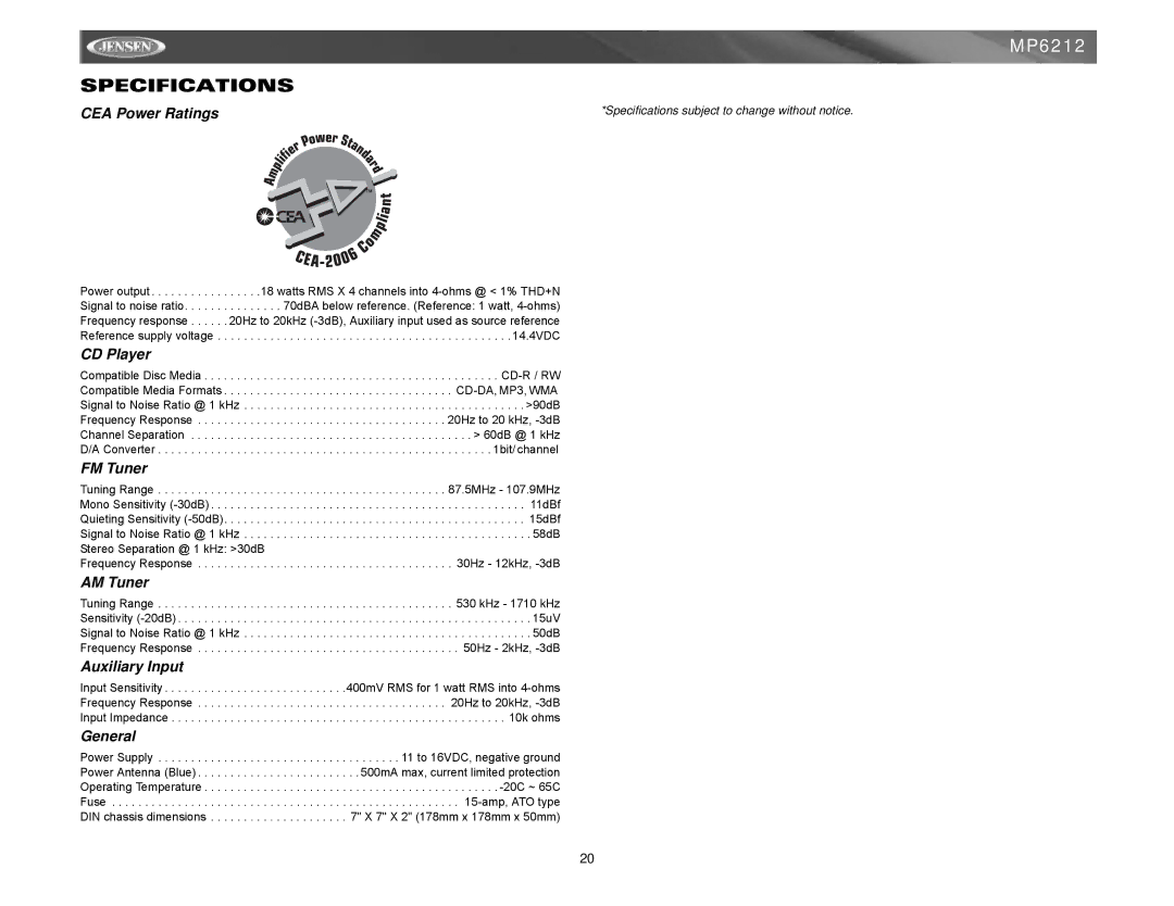 Jensen MP6212 instruction manual Specifications 