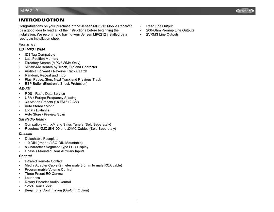 Jensen MP6212 instruction manual Introduction, Features 