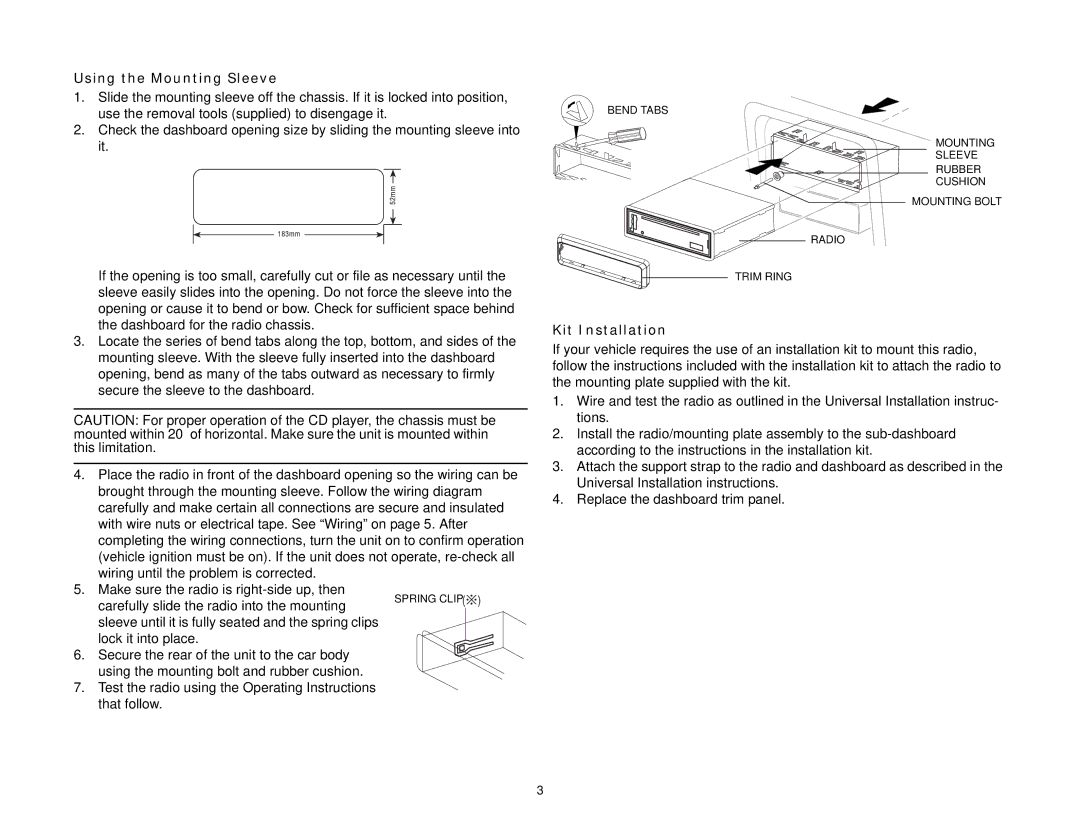 Jensen MP6212 instruction manual Using the Mounting Sleeve, Kit Installation 