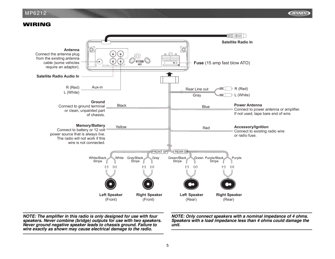 Jensen MP6212 instruction manual Wiring, Fuse 15 amp fast blow ATO 