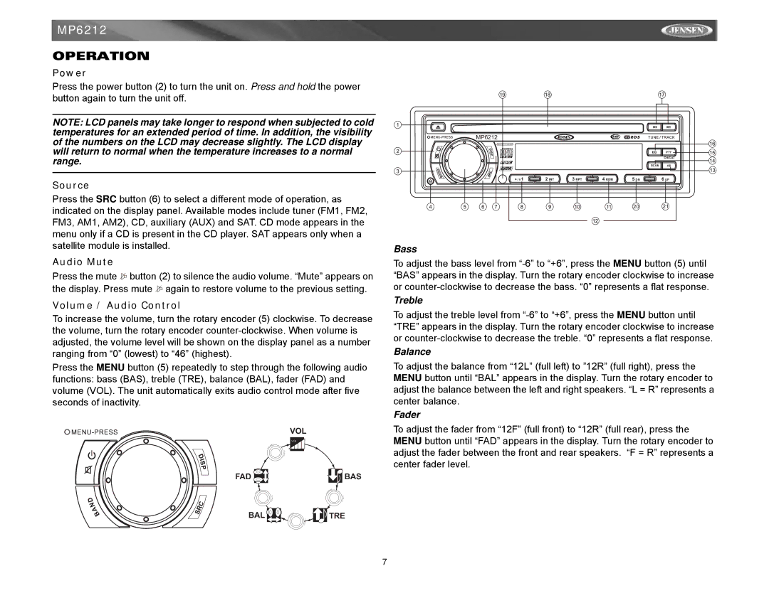 Jensen MP6212 instruction manual Operation, Power, Source, Audio Mute, Volume / Audio Control 