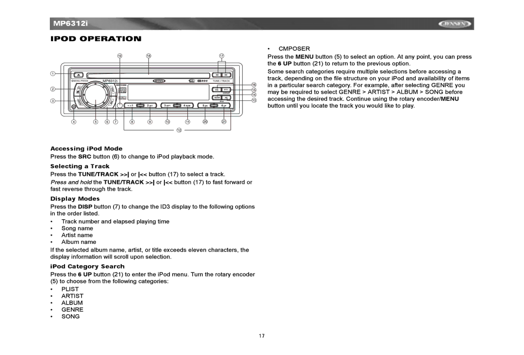 Jensen MP6312i manual 