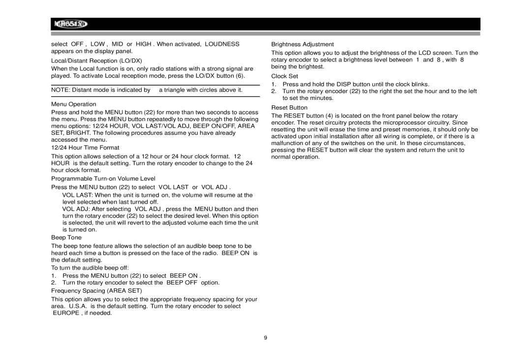 Jensen MP6512i manual Local/Distant Reception LO/DX, Menu Operation, Clock Set, Reset Button 
