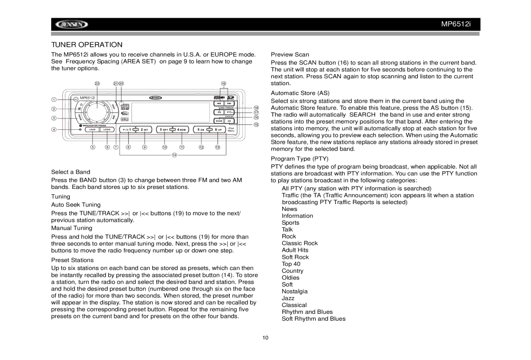 Jensen MP6512i manual Tuner Operation 