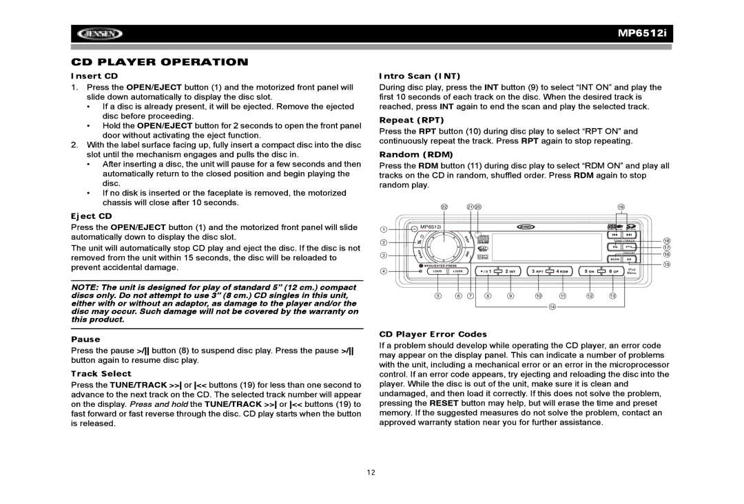 Jensen MP6512i manual 