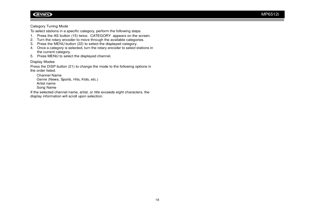 Jensen MP6512i manual Category Tuning Mode, Display Modes 