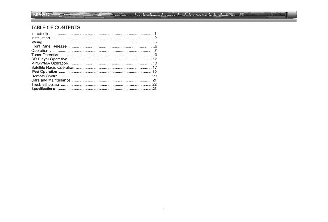 Jensen MP6512i manual Table of Contents 