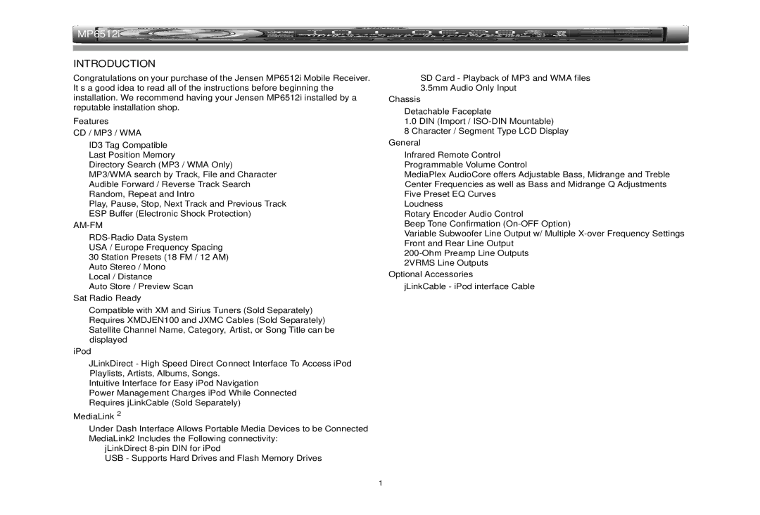 Jensen MP6512i manual Introduction, Features 