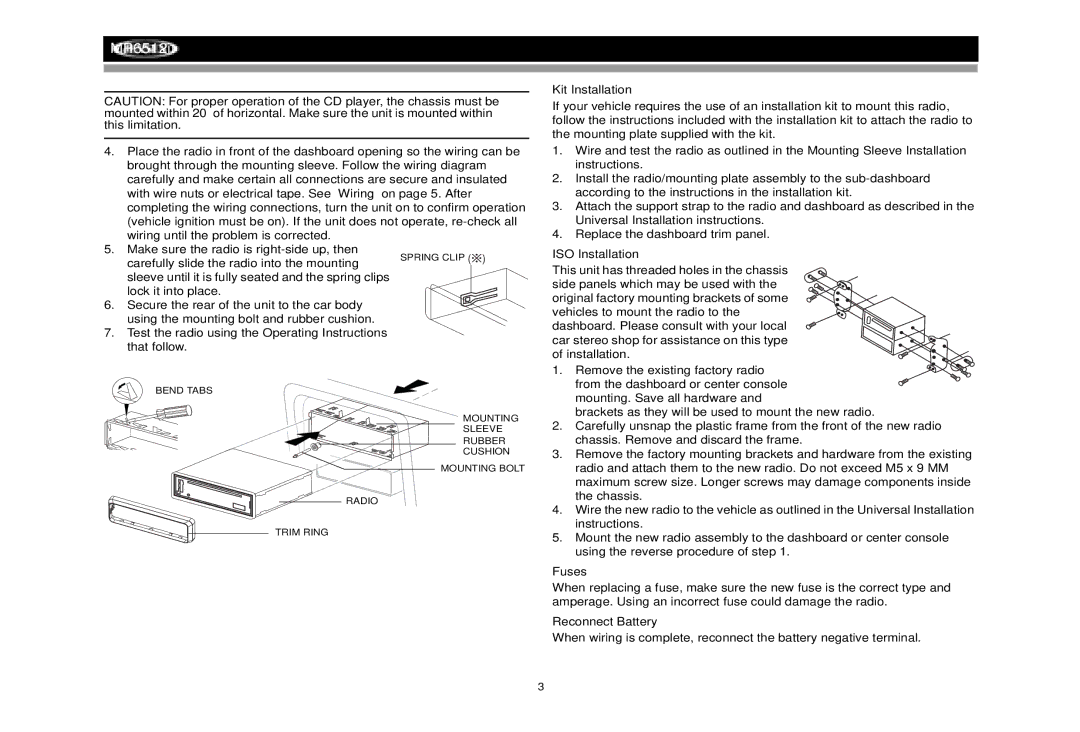 Jensen MP6512i manual Kit Installation, ISO Installation, Fuses, Reconnect Battery 