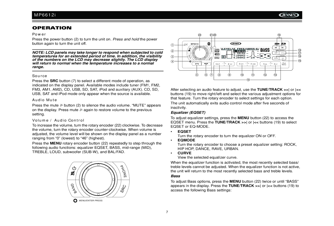 Jensen MP6612i manual Operation, Power, Source, Audio Mute, Volume / Audio Control 