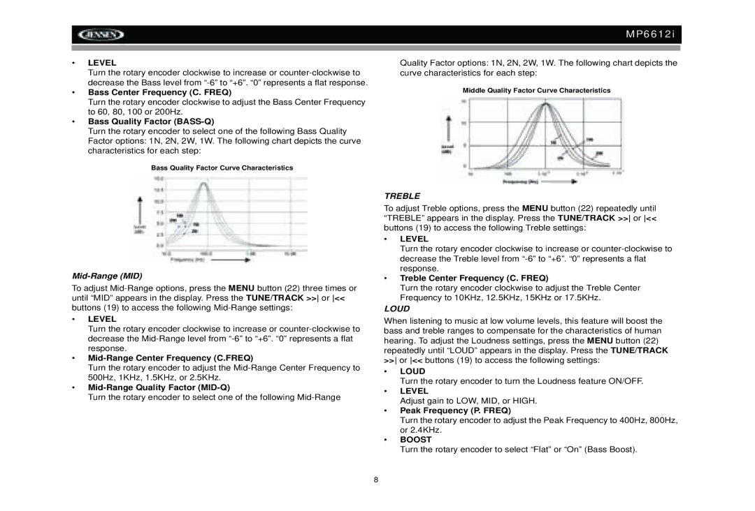 Jensen MP6612i manual Level, Mid-Range MID 