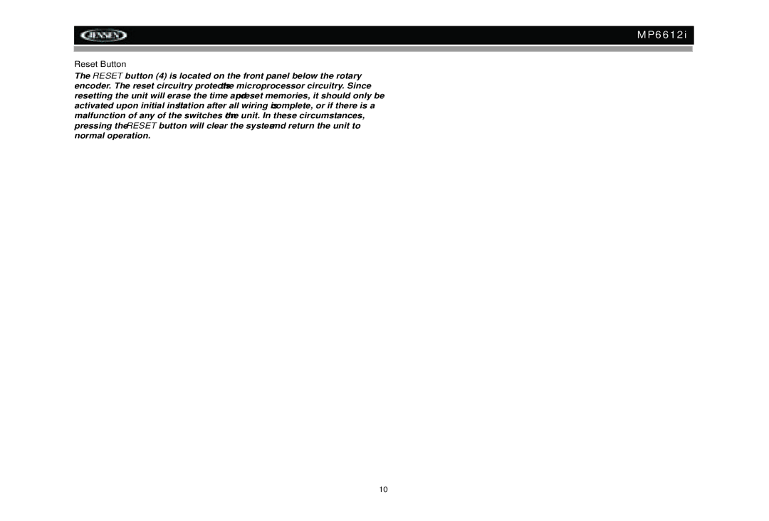Jensen MP6612i manual Reset Button 