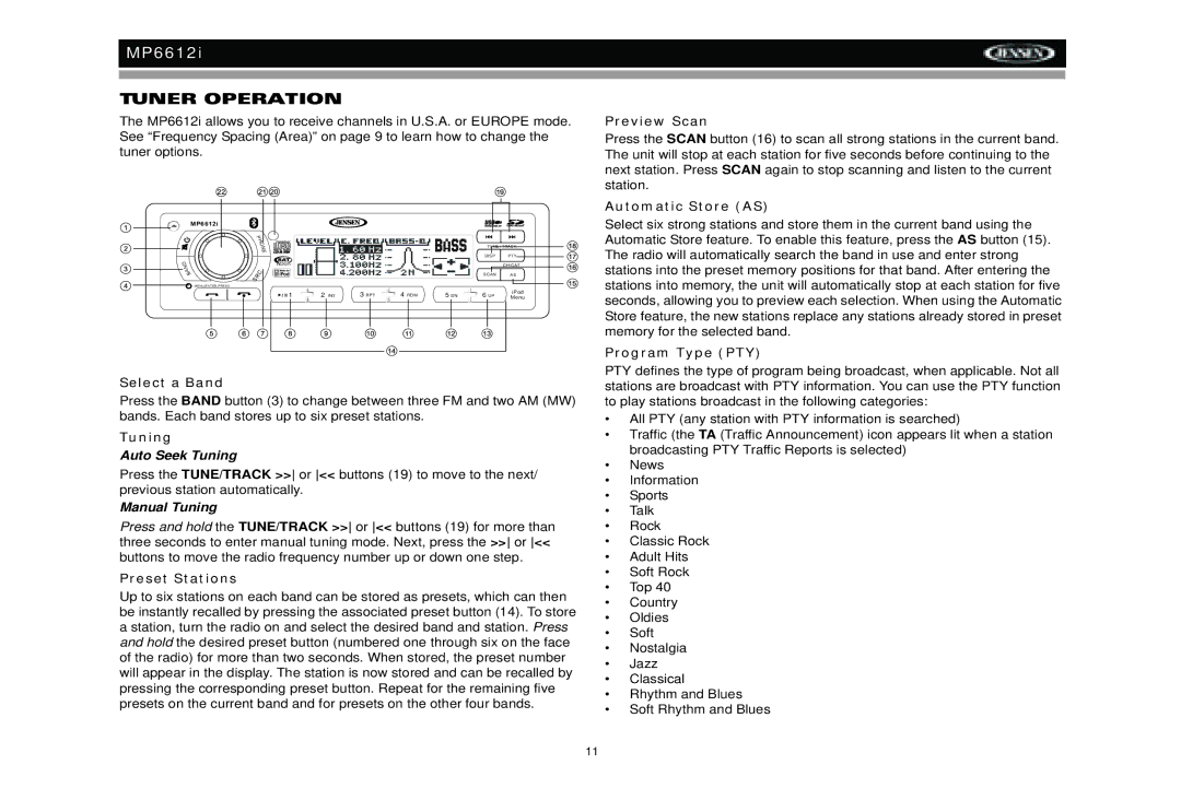 Jensen MP6612i manual Tuner Operation 