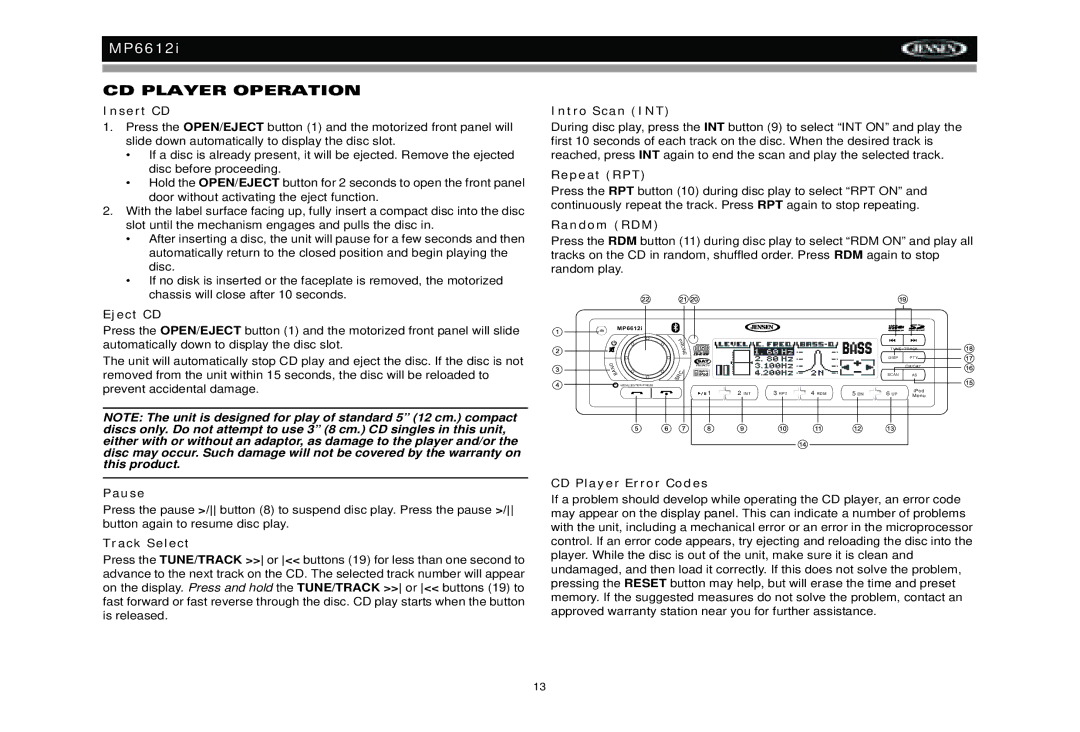 Jensen MP6612i manual CD Player Operation 