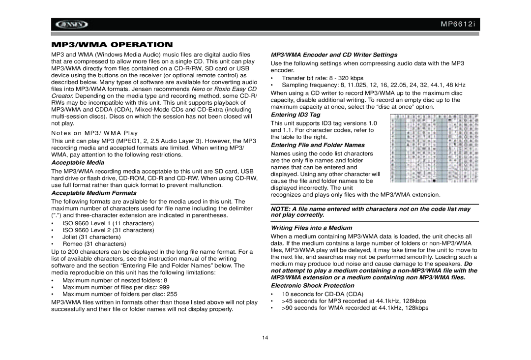 Jensen MP6612i manual MP3/WMA Operation 