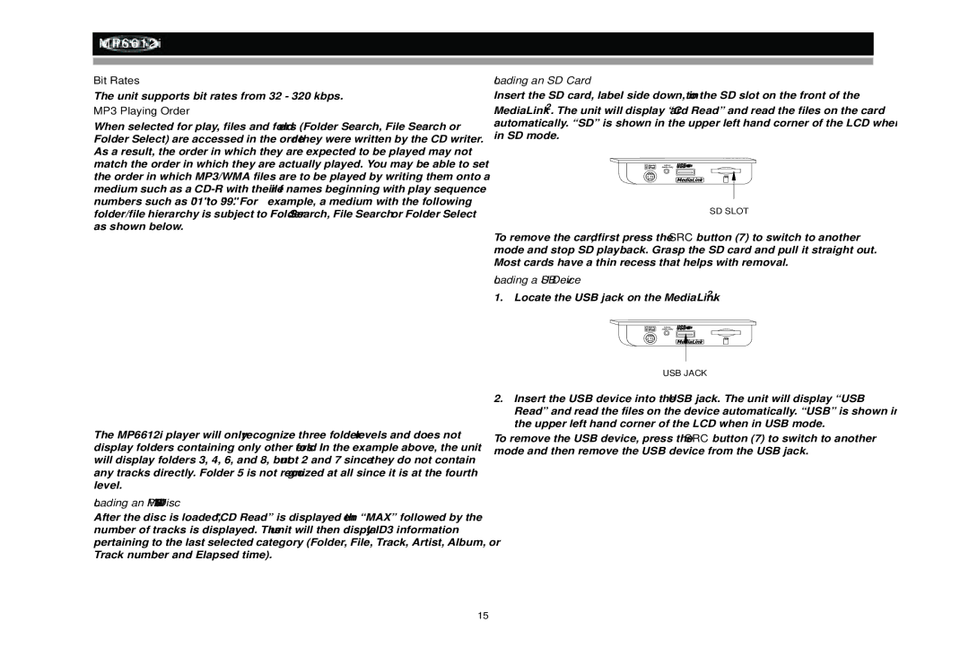 Jensen MP6612i manual Bit Rates, MP3 Playing Order, Loading an MP3/WMA Disc, Loading an SD Card, Loading a USB Device 