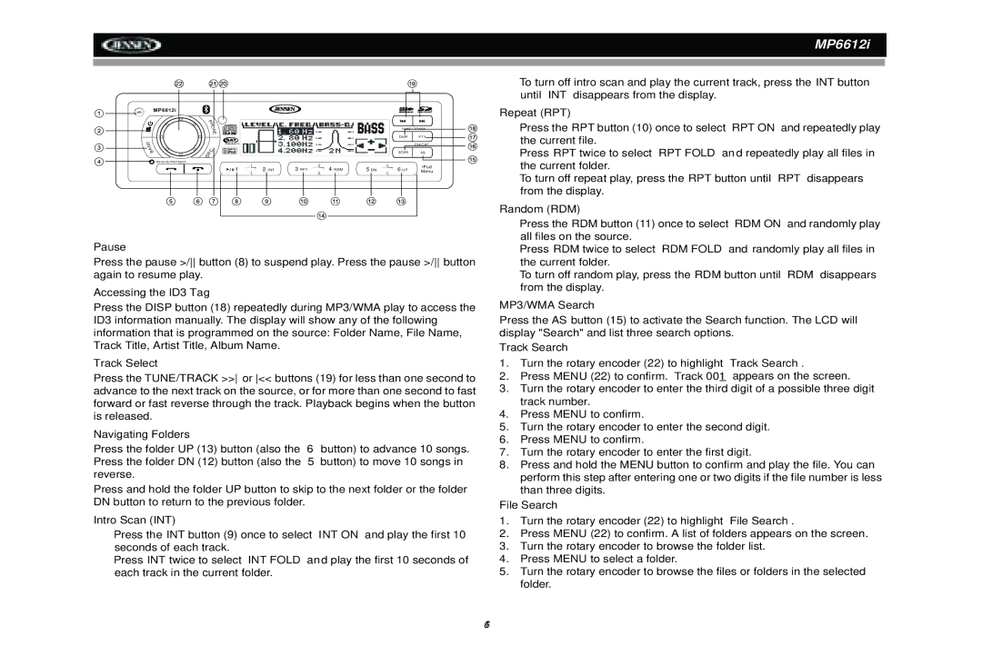 Jensen MP6612i manual Accessing the ID3 Tag, Navigating Folders, MP3/WMA Search, Track Search, File Search 