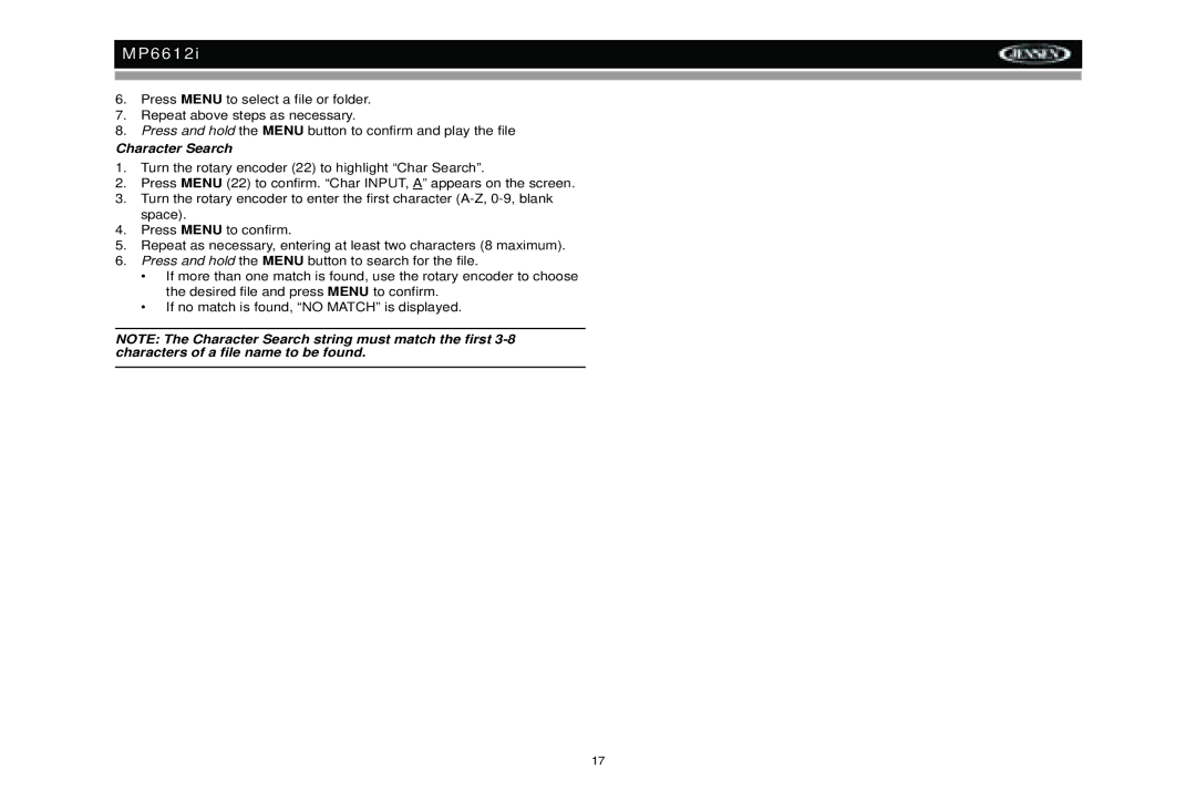 Jensen MP6612i manual Character Search 