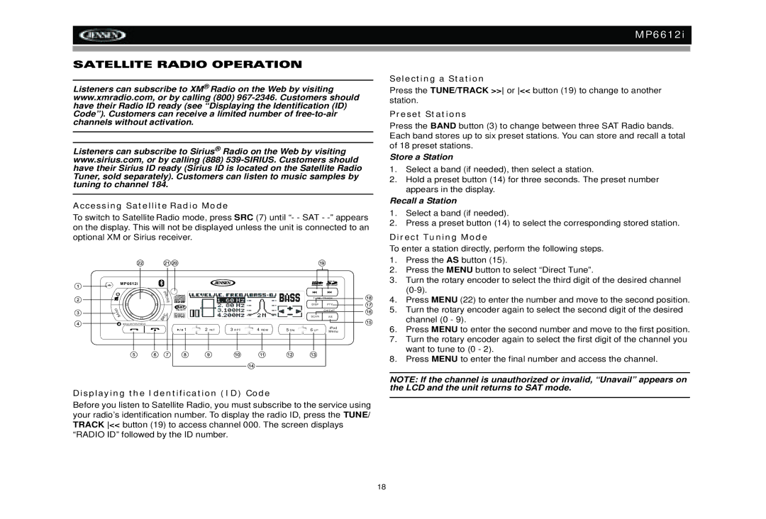 Jensen MP6612i manual Satellite Radio Operation, Accessing Satellite Radio Mode, Displaying the Identification ID Code 