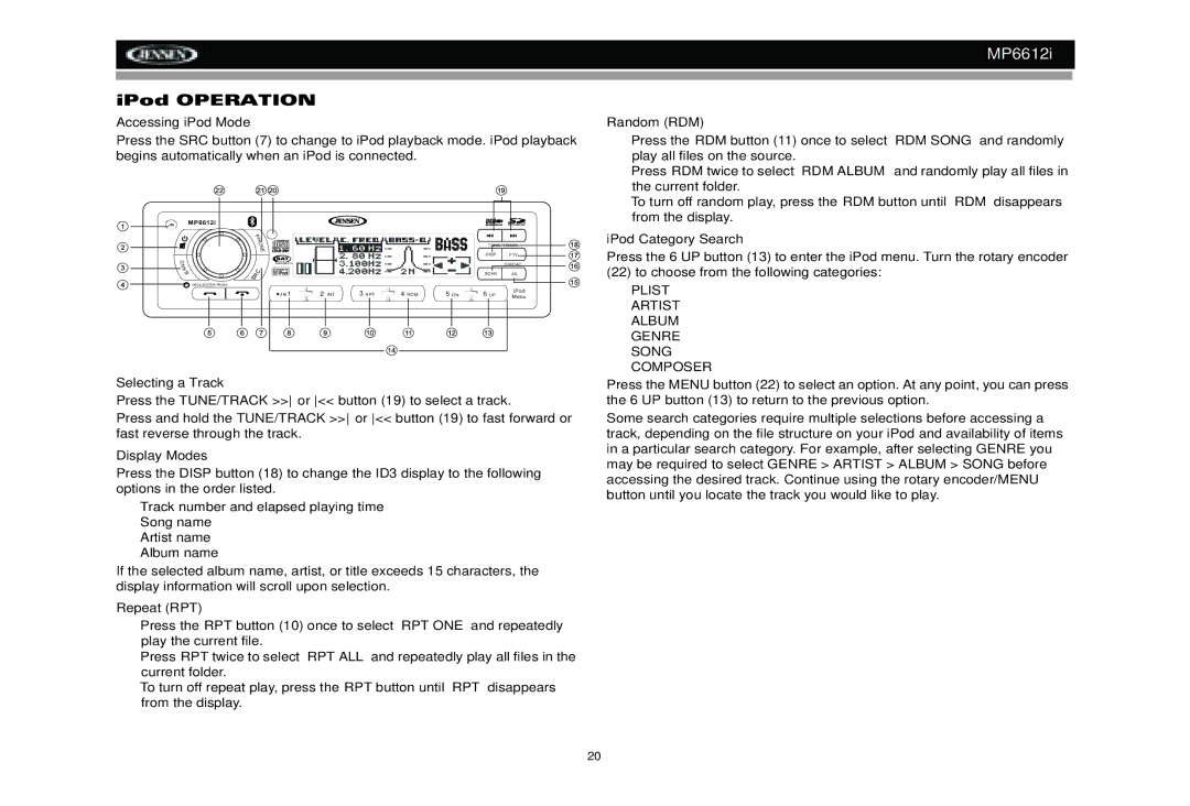 Jensen MP6612i manual Accessing iPod Mode, Selecting a Track, IPod Category Search 