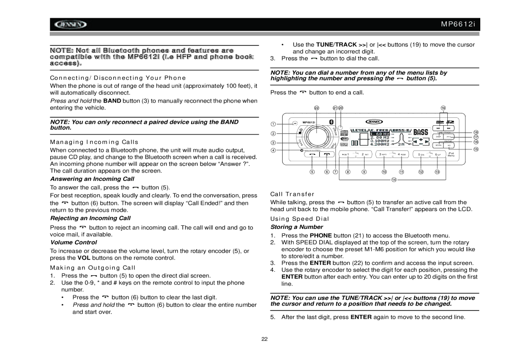 Jensen MP6612i manual Connecting/Disconnecting Your Phone, Managing Incoming Calls, Making an Outgoing Call, Call Transfer 