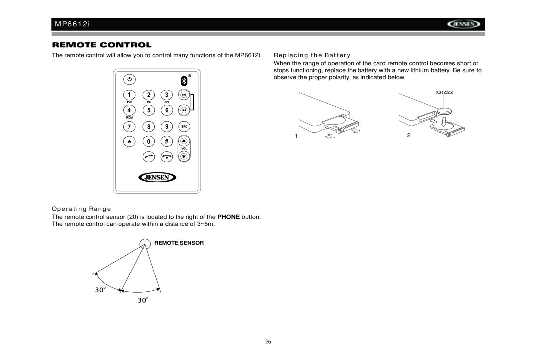 Jensen MP6612i manual Remote Control, Replacing the Battery, Operating Range 